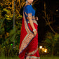 Poised Red Georgette Saree with Kalamkari & Indigo Border Highlighted with Mirror Lace Trim