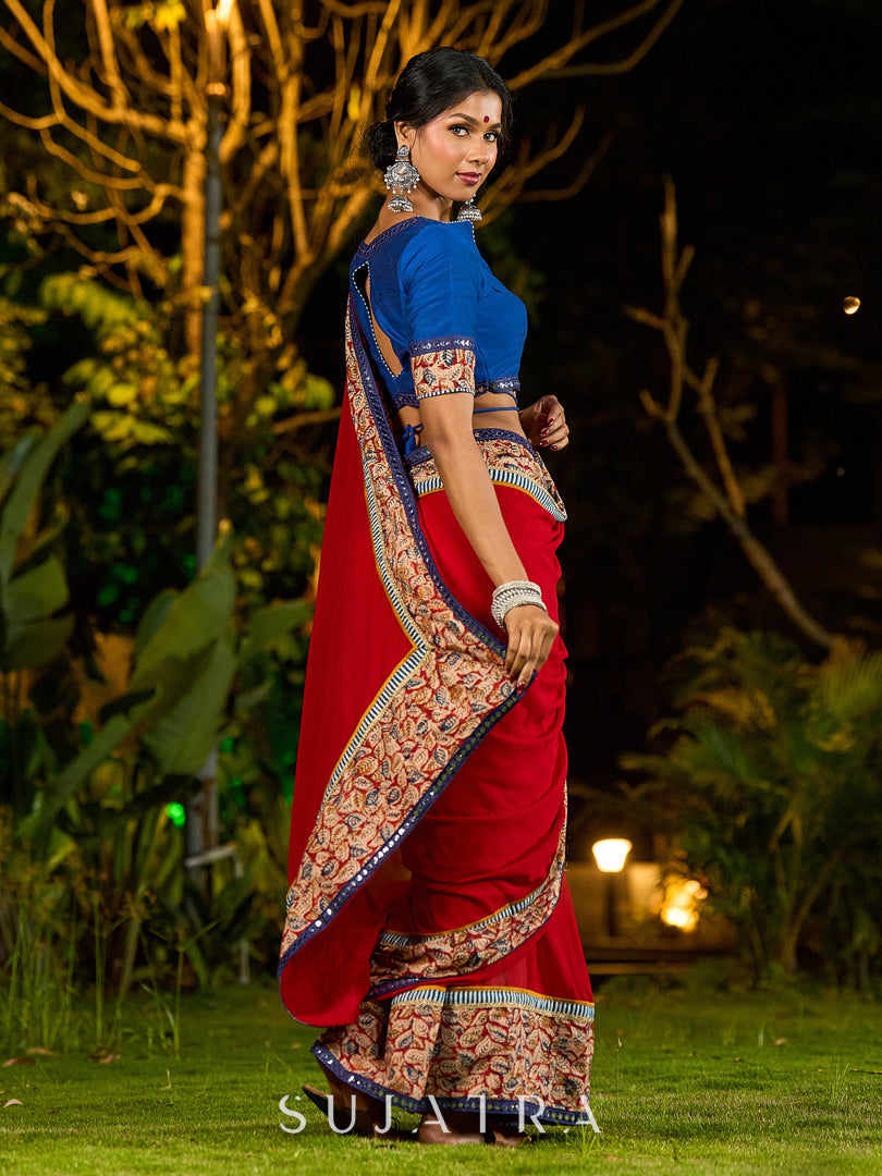 Poised Red Georgette Saree with Kalamkari & Indigo Border Highlighted with Mirror Lace Trim