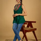 Elegant rayon green sleeveless top with ikat accents.