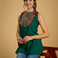 Elegant rayon green sleeveless top with ikat accents.