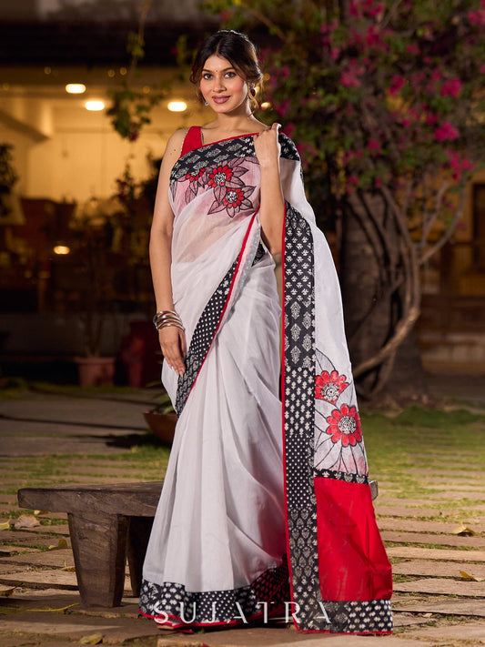 Elegant White Chanderi Saree with Kantha Patchwork Border & Delicate Hand Painting