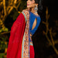 Poised Red Georgette Saree with Kalamkari & Indigo Border Highlighted with Mirror Lace Trim