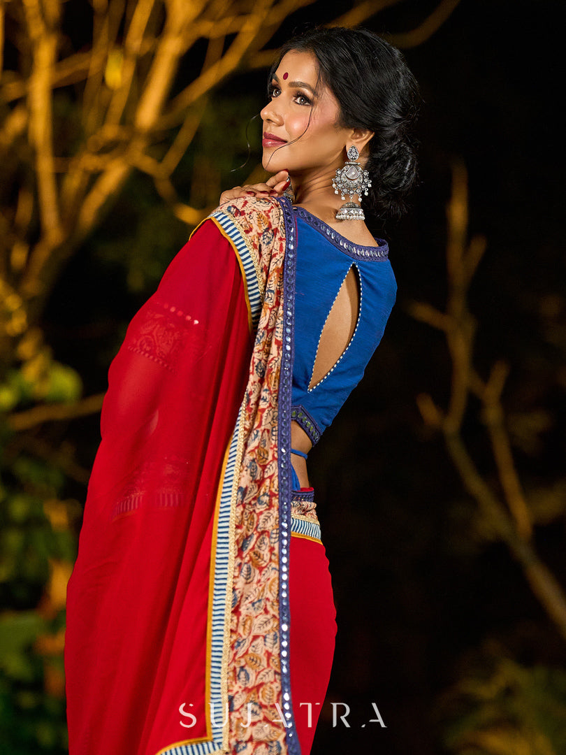 Poised Red Georgette Saree with Kalamkari & Indigo Border Highlighted with Mirror Lace Trim