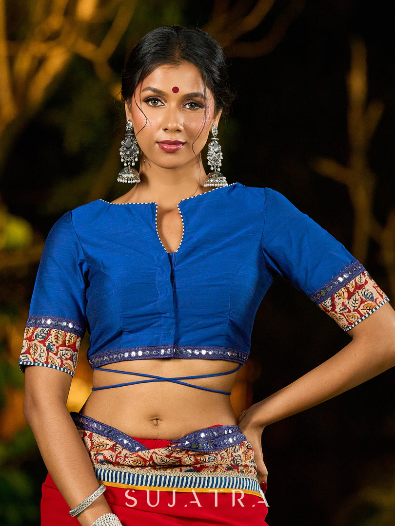Poised Red Georgette Saree with Kalamkari & Indigo Border Highlighted with Mirror Lace Trim