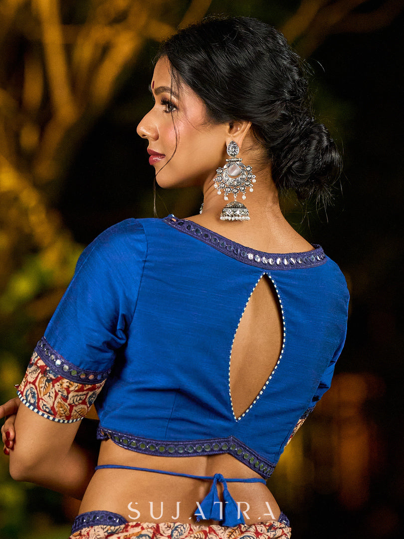 Poised Red Georgette Saree with Kalamkari & Indigo Border Highlighted with Mirror Lace Trim