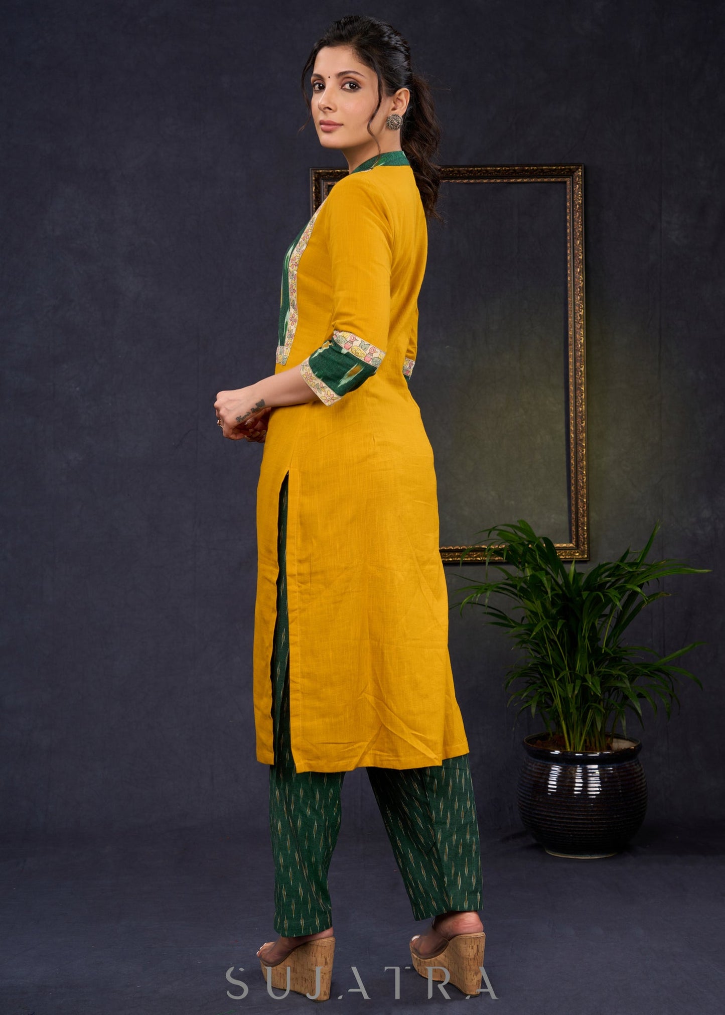 Exclusive-Mustard-Cotton-Straight-Cut-Kurta-With-Ikat-Combination-Yoke-&-Madhubani-Highlights--Pant-Optional