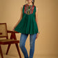 Elegant rayon green sleeveless top with ikat accents.