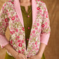Blossom Pink Floral Print Cotton Short Jacket with Pink Lapel Collar and Cuff