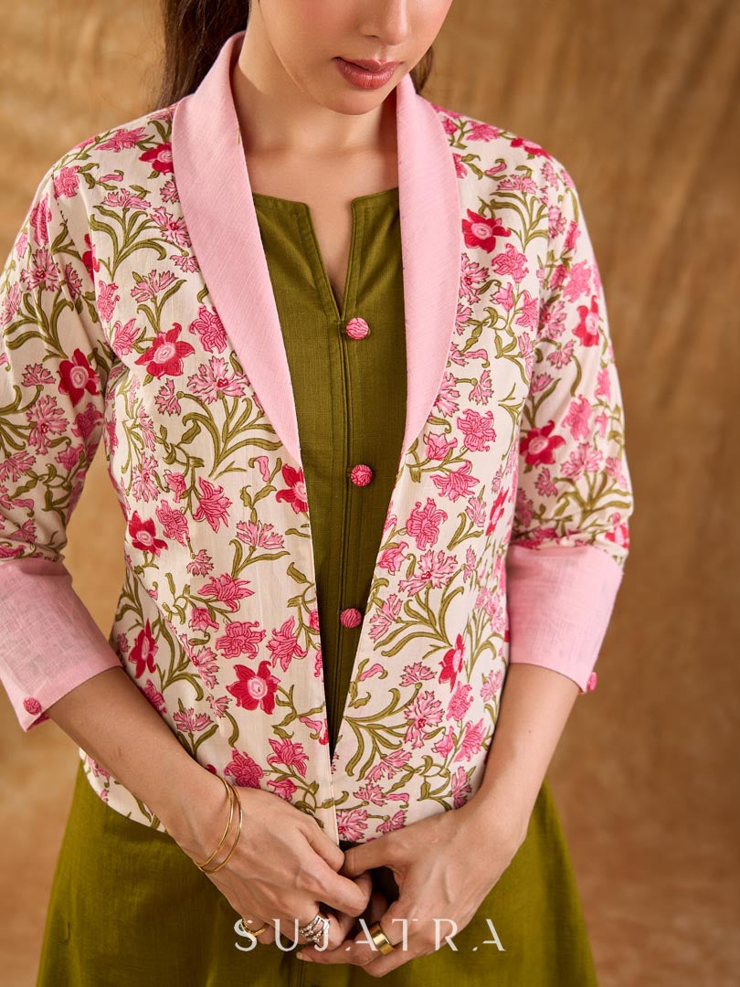 Blossom Pink Floral Print Cotton Short Jacket with Pink Lapel Collar and Cuff