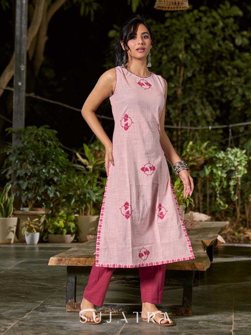 Breezy Blush Pink Cotton Kurta with Artistic Hand Block Print