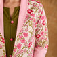Blossom Pink Floral Print Cotton Short Jacket with Pink Lapel Collar and Cuff