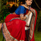 Poised Red Georgette Saree with Kalamkari & Indigo Border Highlighted with Mirror Lace Trim