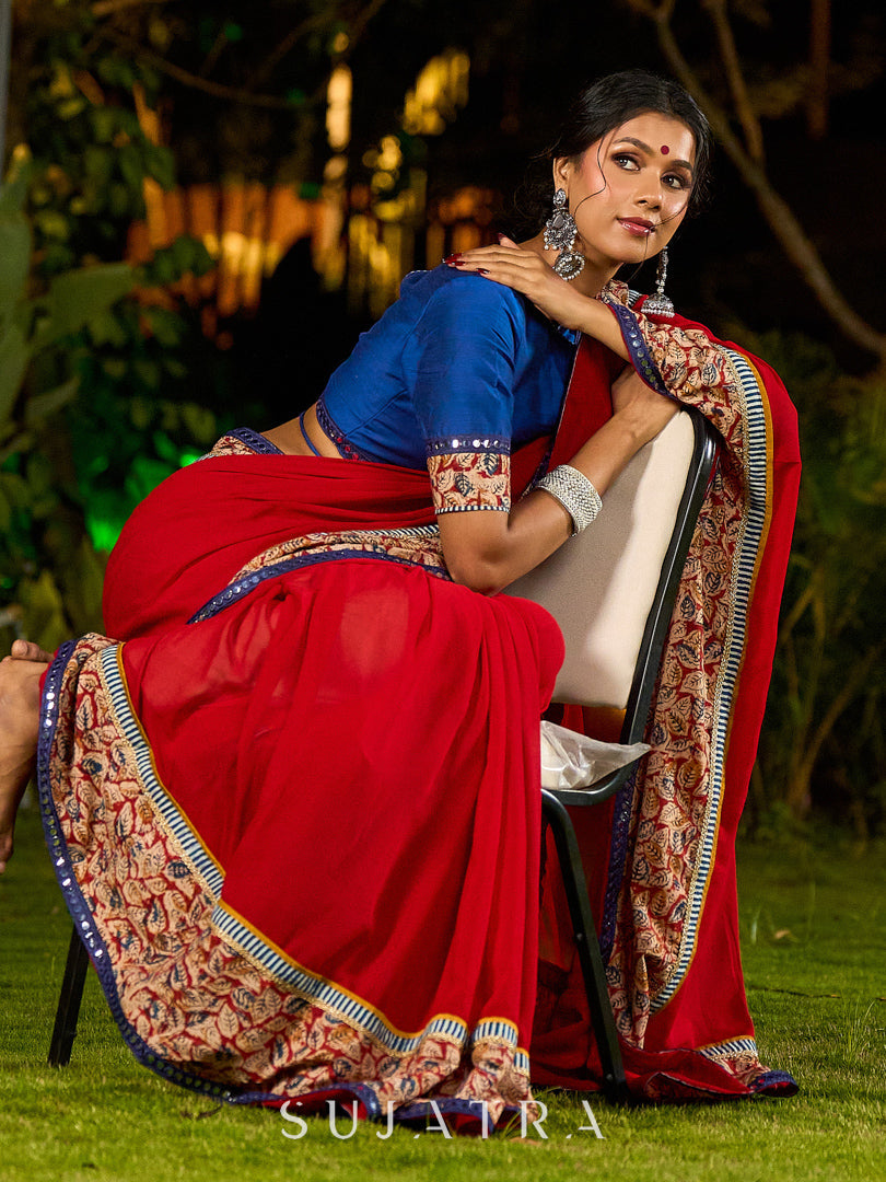 Poised Red Georgette Saree with Kalamkari & Indigo Border Highlighted with Mirror Lace Trim