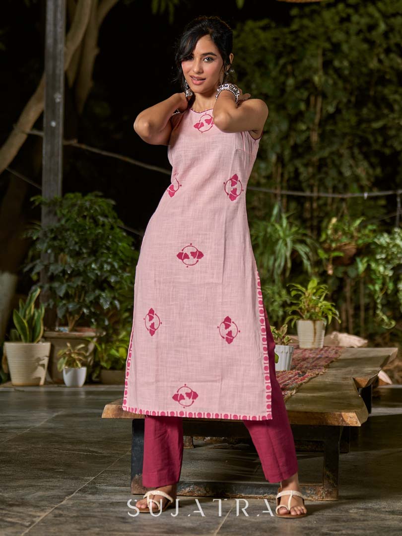Breezy Blush Pink Cotton Kurta with Artistic Hand Block Print
