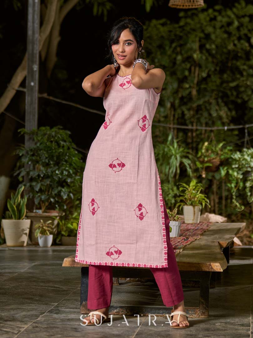 Breezy Blush Pink Cotton Kurta with Artistic Hand Block Print