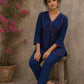 Vibrant navy blue and pink hand block print top features bell sleeves, floral detailing, and rich navy hues for effortless everyday charm.