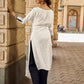 Classic White Cotton Kurta Featuring Black Leaf Vine Embroidery & Printed Sleeve Detail