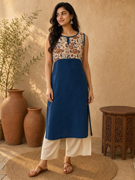 Chic Navy Blue Sleeveless Rayon Kurta with Floral Printed Yoke & Keyhole Neckline