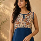 Chic Navy Blue Sleeveless Rayon Kurta with Floral Printed Yoke & Keyhole Neckline