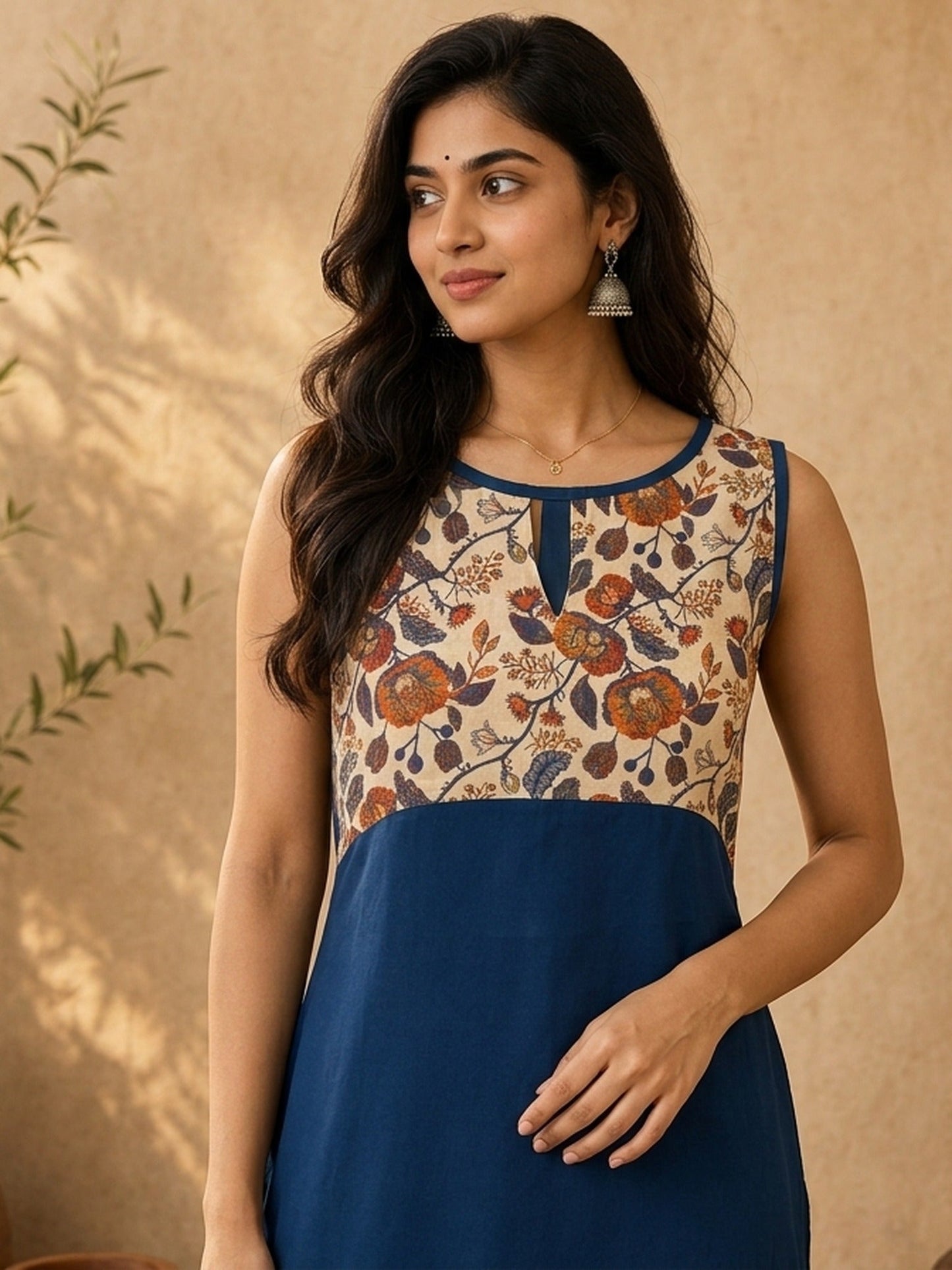 Chic Navy Blue Sleeveless Rayon Kurta with Floral Printed Yoke & Keyhole Neckline