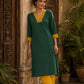 Classic Green Ikat Cotton Straight Kurta with Contrast Mustard V-Neckline & Scalloped Cuff Band