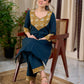 Chic Bottle Green Cotton Kurta with Mustard Floral Printed Yoke & Cuff with Handcrafted Kantha