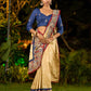 Folk-Inspired Golden Assam Silk Saree with Kalamkari Embroidered Border & Trim