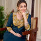 Chic Bottle Green Cotton Kurta with Mustard Floral Printed Yoke & Cuff with Handcrafted Kantha