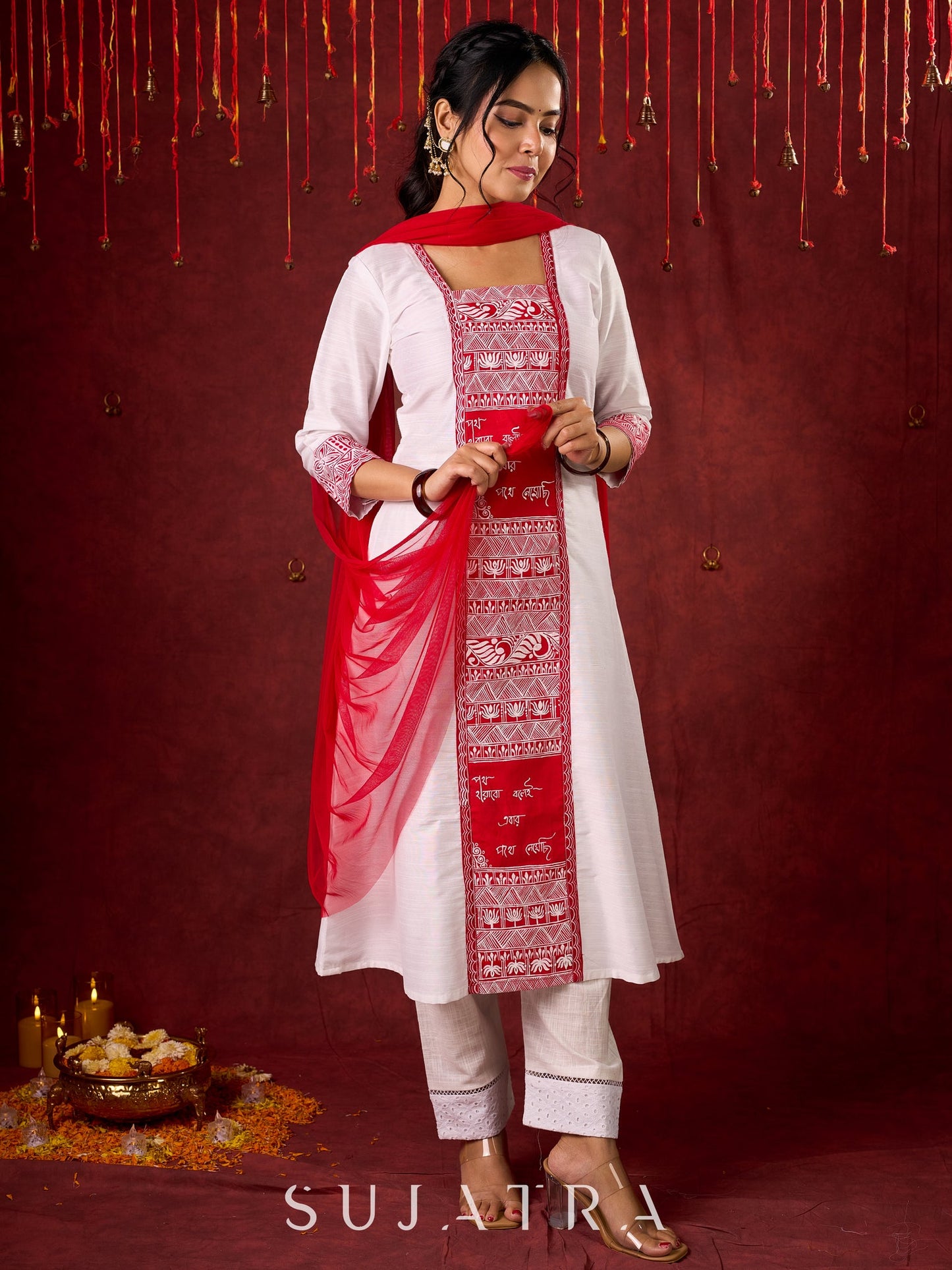 Beautiful hand-painted kurta in soft cotton-silk, perfect for special occasions - Pant and Dupatta optional.