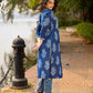 Indigo Bloom Print Kurta with Asymmetric Stripe Panel and Coin Embellishments