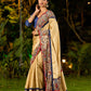 Folk-Inspired Golden Assam Silk Saree with Kalamkari Embroidered Border & Trim