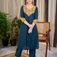 Chic Bottle Green Cotton Kurta with Mustard Floral Printed Yoke & Cuff with Handcrafted Kantha