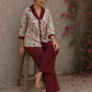 Soft white floral cotton top finished with maroon cuffs, pleated collar, and delicate feminine elegance.