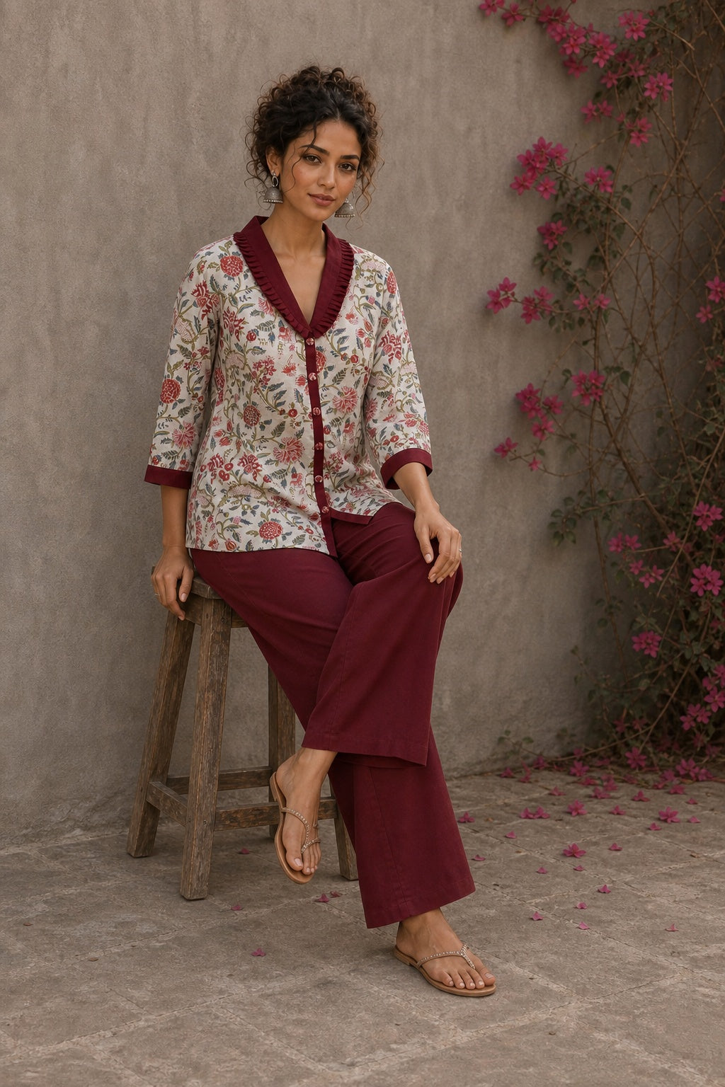 Soft white floral cotton top finished with maroon cuffs, pleated collar, and delicate feminine elegance.