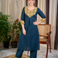 Chic Bottle Green Cotton Kurta with Mustard Floral Printed Yoke & Cuff with Handcrafted Kantha