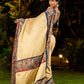 Folk-Inspired Golden Assam Silk Saree with Kalamkari Embroidered Border & Trim