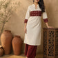 Classic Off-White Cotton Flex Kurta Featuring Bold Rust Ikat Empire Waist Panel & Collared Neckline