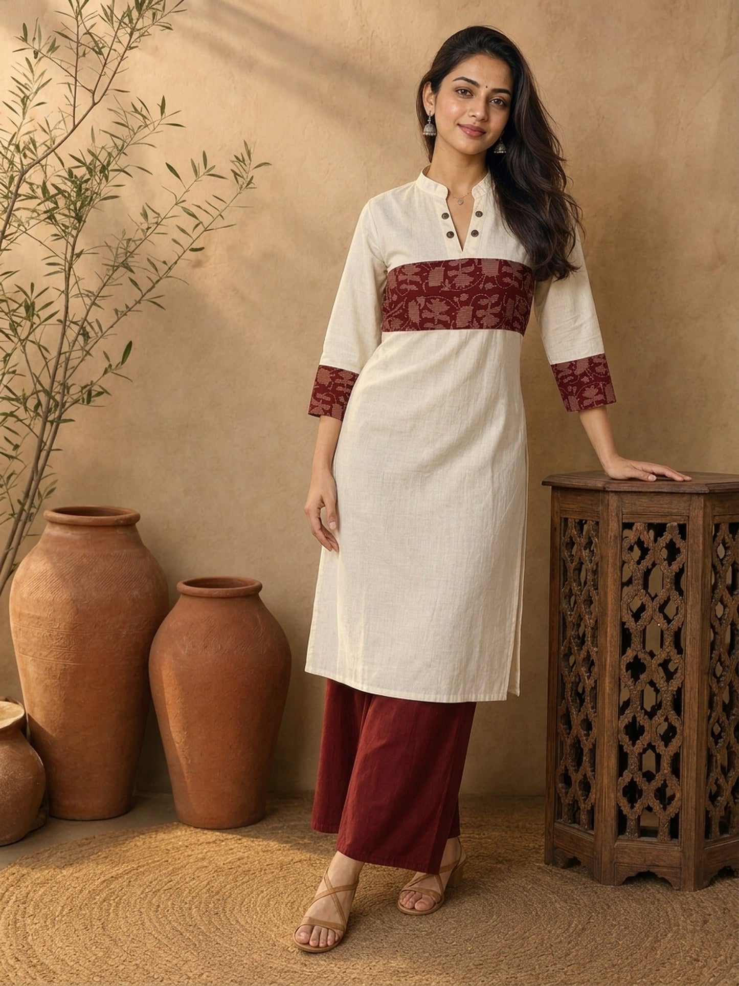 Classic Off-White Cotton Flex Kurta Featuring Bold Rust Ikat Empire Waist Panel & Collared Neckline