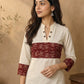 Classic Off-White Cotton Flex Kurta Featuring Bold Rust Ikat Empire Waist Panel & Collared Neckline