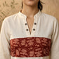 Classic Off-White Cotton Flex Kurta Featuring Bold Rust Ikat Empire Waist Panel & Collared Neckline