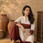 Classic Off-White Cotton Flex Kurta Featuring Bold Rust Ikat Empire Waist Panel & Collared Neckline