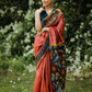 Rust pure raw silk saree with hand painted kalamkari pallu & mirror work & ajrakh border