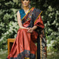 Rust pure raw silk saree with hand painted kalamkari pallu & mirror work & ajrakh border
