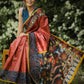 Rust pure raw silk saree with hand painted kalamkari pallu & mirror work & ajrakh border