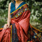 Rust pure raw silk saree with hand painted kalamkari pallu & mirror work & ajrakh border