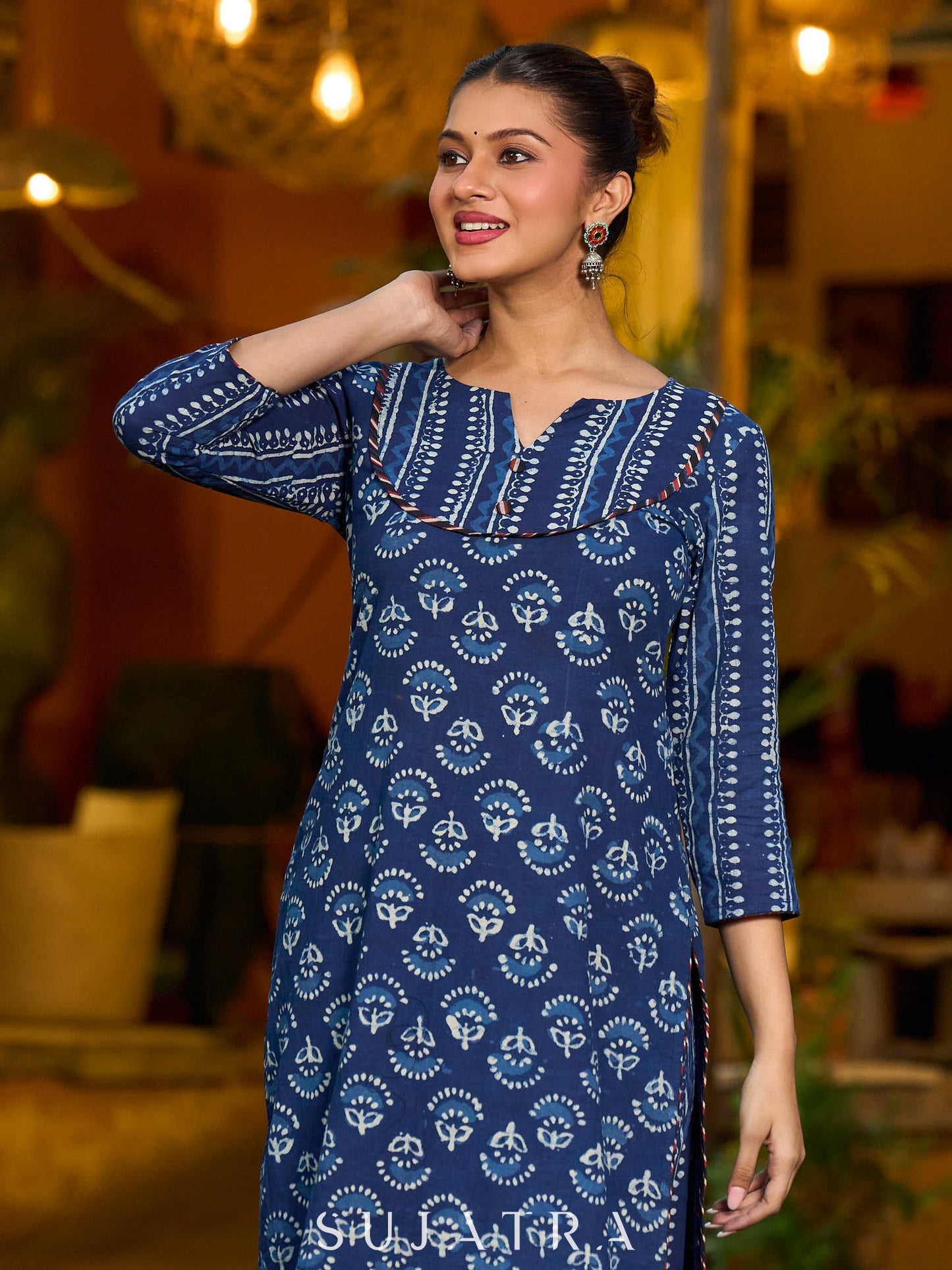 Timeless indigo kurta with an indigo border yoke and delicate stripe piping.