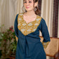 Chic Bottle Green Cotton Kurta with Mustard Floral Printed Yoke & Cuff with Handcrafted Kantha