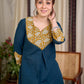 Chic Bottle Green Cotton Kurta with Mustard Floral Printed Yoke & Cuff with Handcrafted Kantha