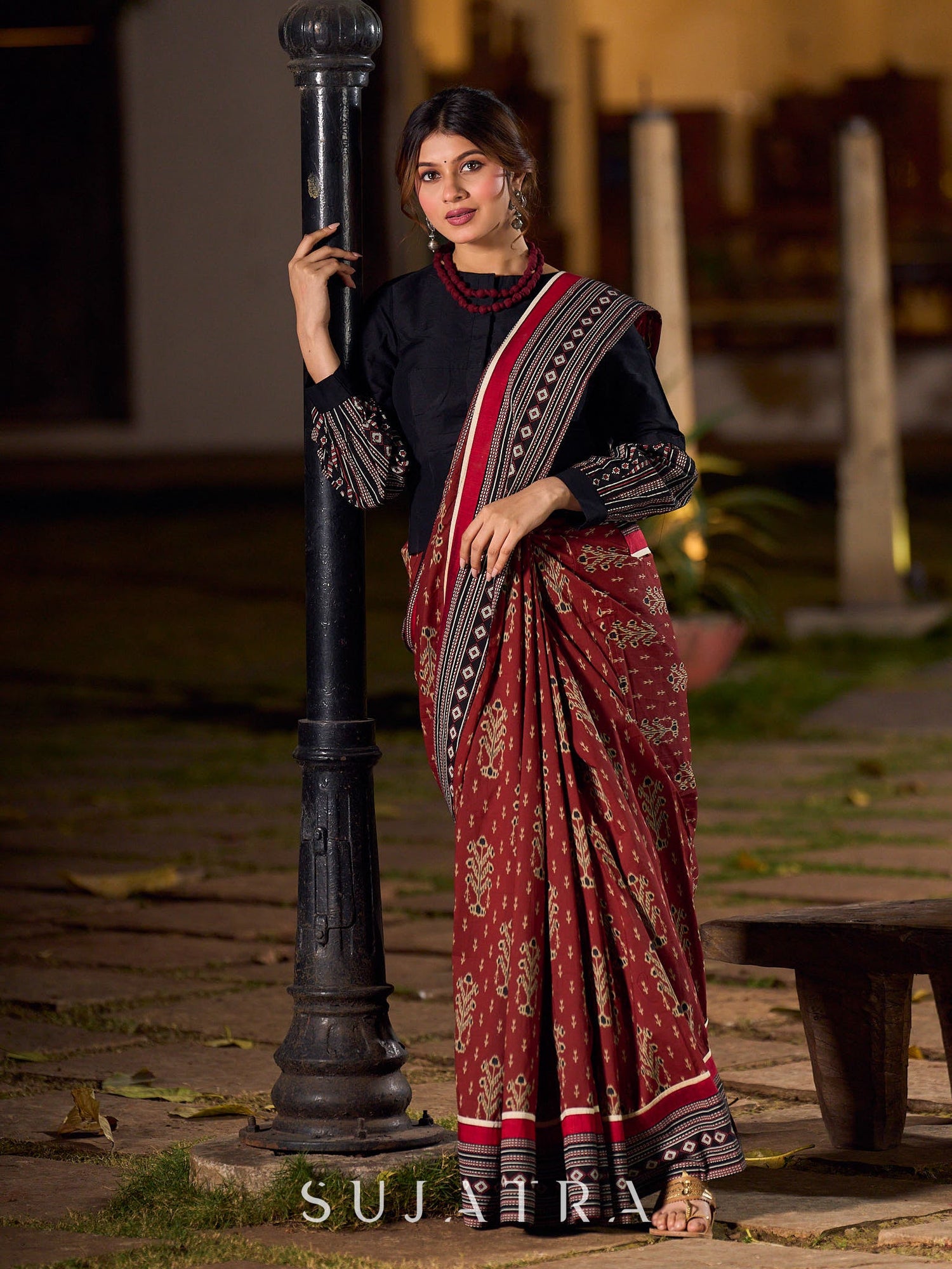 Heritage Maroon Ajrakh Print Cotton Saree with Bold Geometric Border