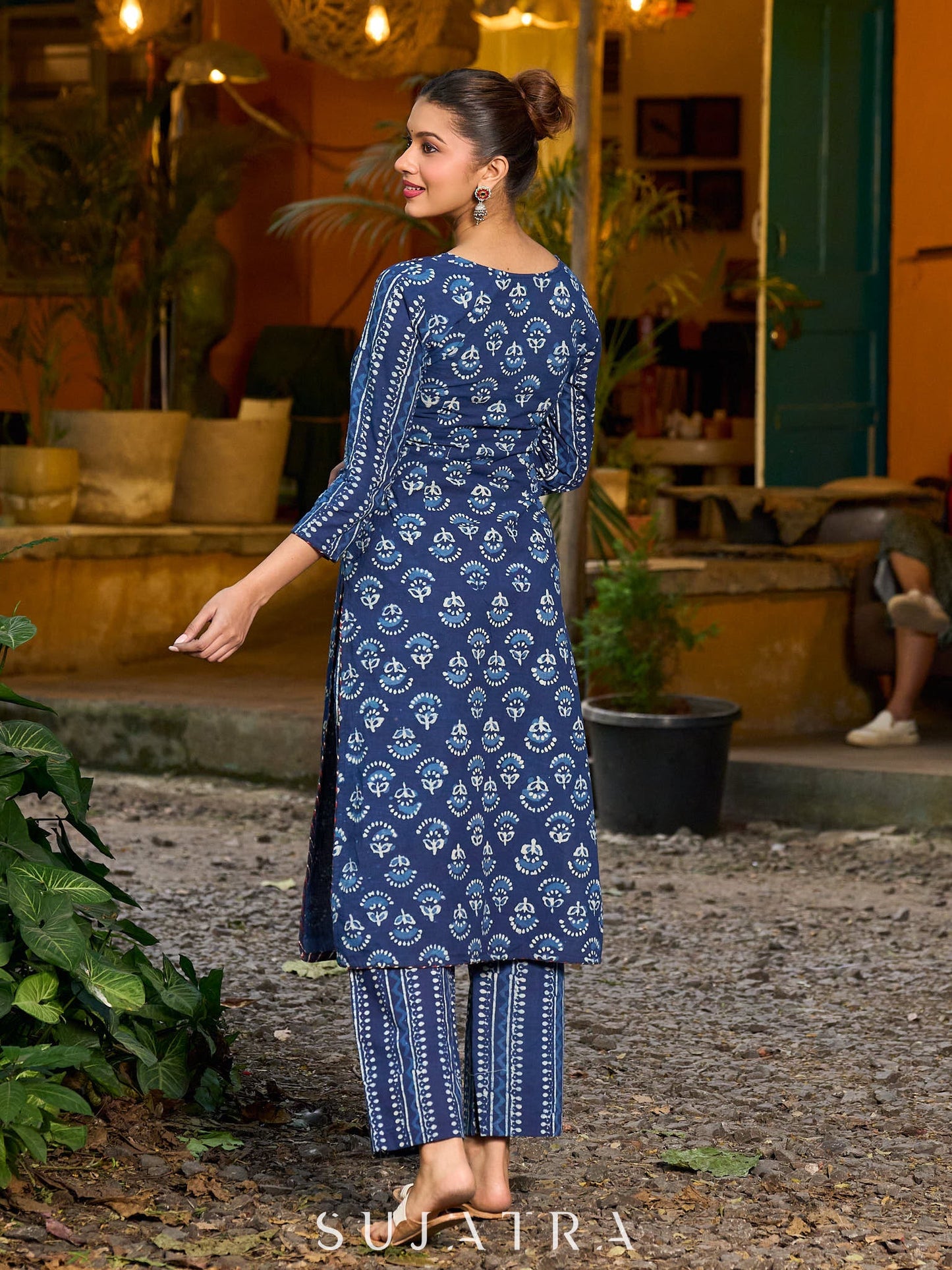 Timeless indigo kurta with an indigo border yoke and delicate stripe piping.